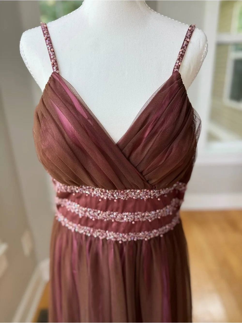 Vintage 90s JS Boutique Pink Brown Beaded Pearls Tulle Midi Dress Sz 14